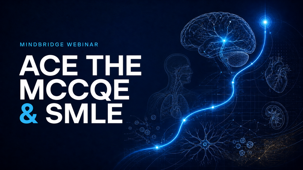 MindxBridge webinar: Ace the MCCQE and SMLE, with blue brain and anatomy artwork