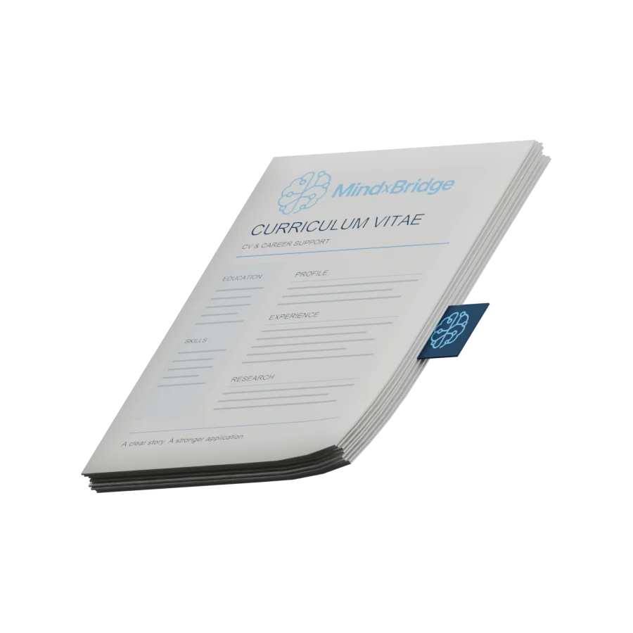 Rotating MindxBridge CV stack with matte paper, a CV layout on the front and branded career artwork on the reverse.
