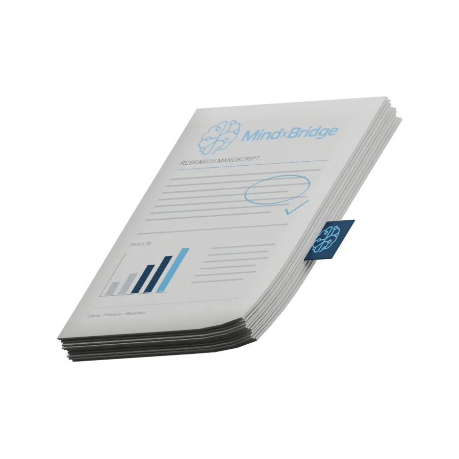 Rotating MindxBridge manuscript stack with matte paper, printed brain artwork and research charts on both sides.